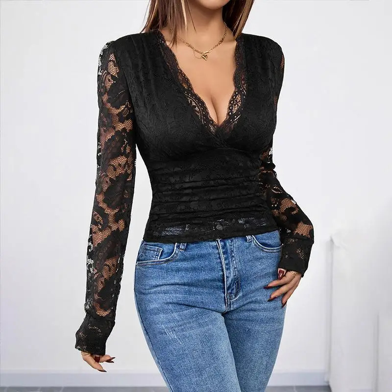 Ele Top largo de encaje Sve para mujer mezcla de fibra de poliéster empalmado Bot irt Sophistied Sle colección de invierno