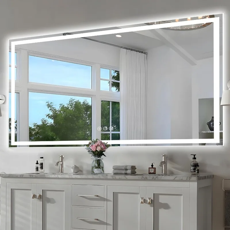 Large Led Mirror for Bathroom，Front Light and Backlit Vanity Mirror with 3 Colors Dimmable Anti Fog Bathroom Mirro