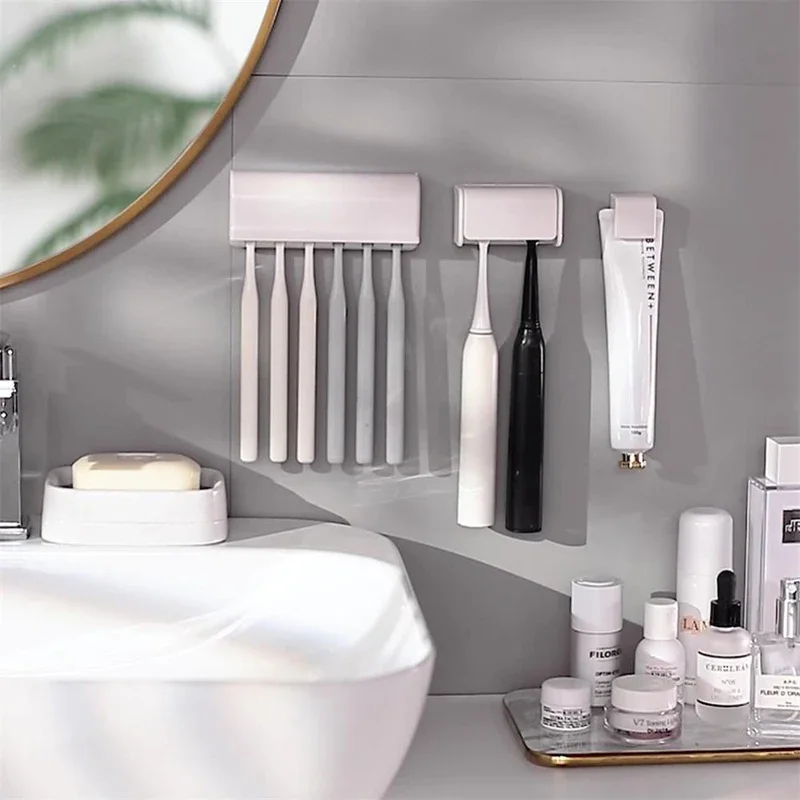 Punch-free Wall-mounted Toothbrush Holder Toothpaste Holder Oothpaste Dispenser Squeezer Organizer Bathroom Accessories