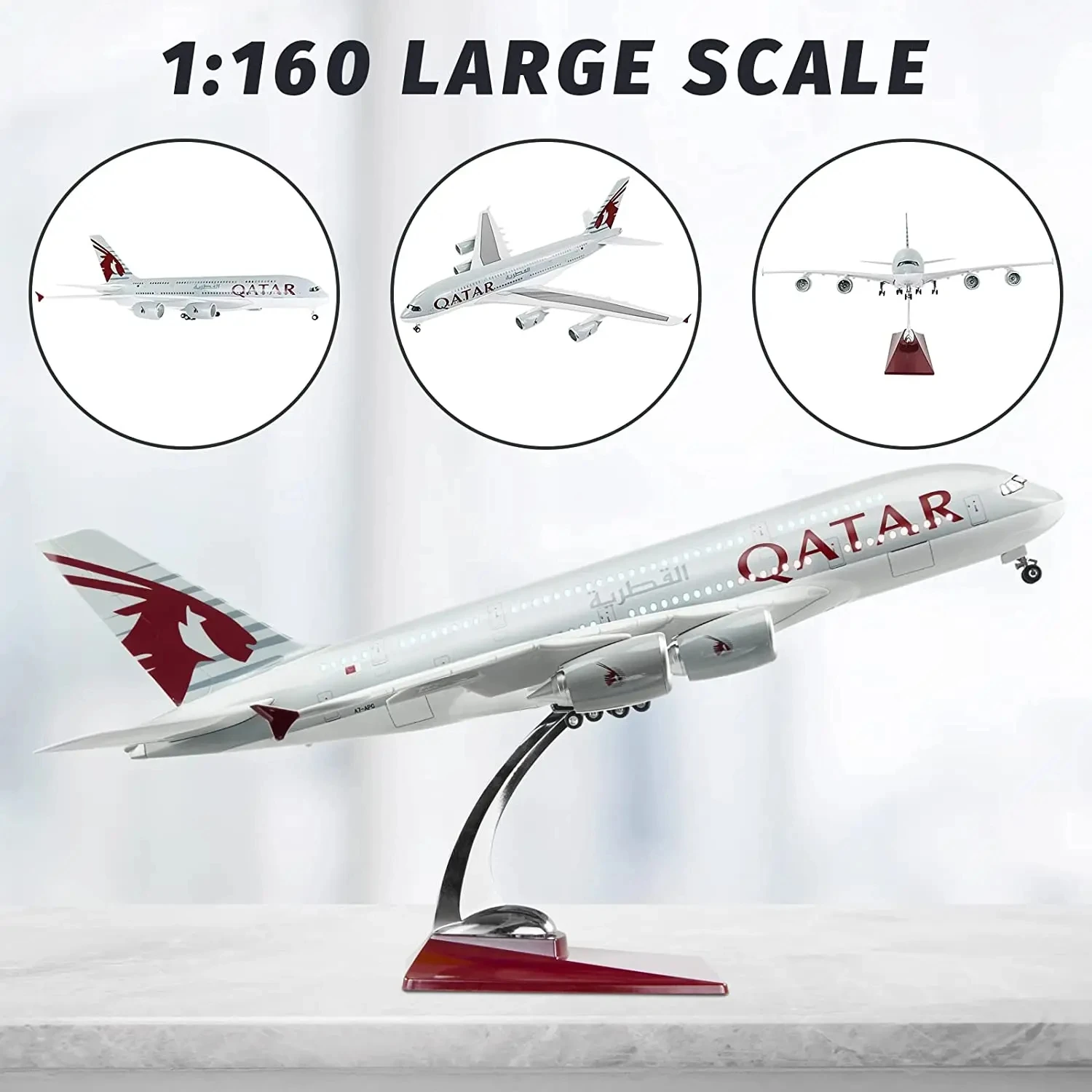 

1:160 Scale Large Model Airplane Qatar A380 Plane Models Diecast Airplanes with LED Light Home Office Decoration Collectible