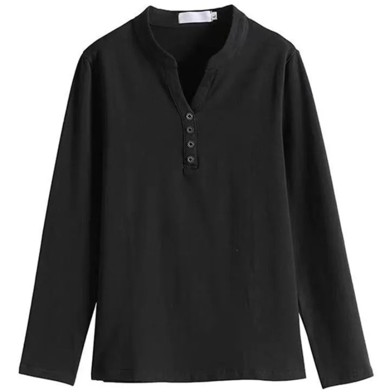 2023 Spring and Autumn Pullover Cotton Long Sleeved T-shirt Women's Loose Fashion Casual Solid Button Clothing Bottom Tops