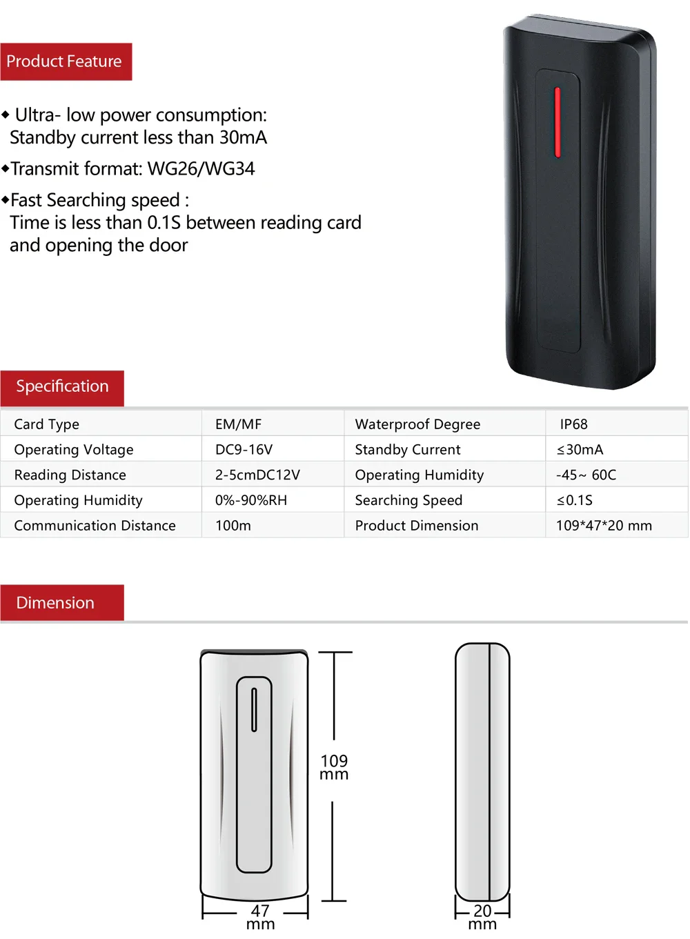 Wiegand Wg26 Wg34 IP68 Lector de tarjetas IC RFID resistente al agua Proximidad 13,56 Mhz IC para sistema de control de acceso
