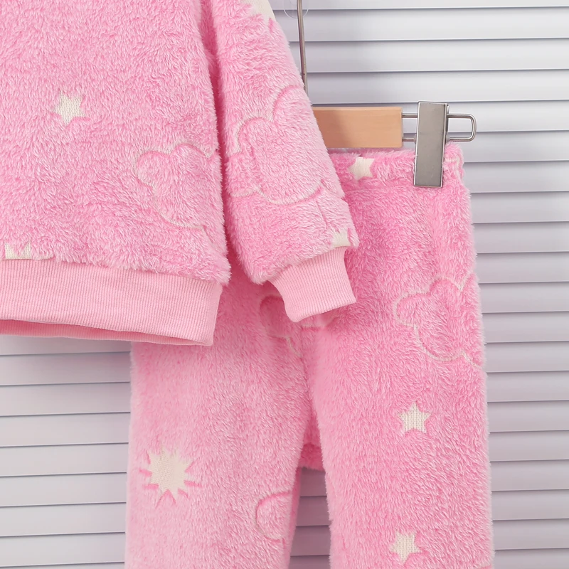 Baby Girl Pink Autumn/Winter Plush Night Fluorescent Home Fur Baby Warm Pajama Set Sweet Chid Accessories