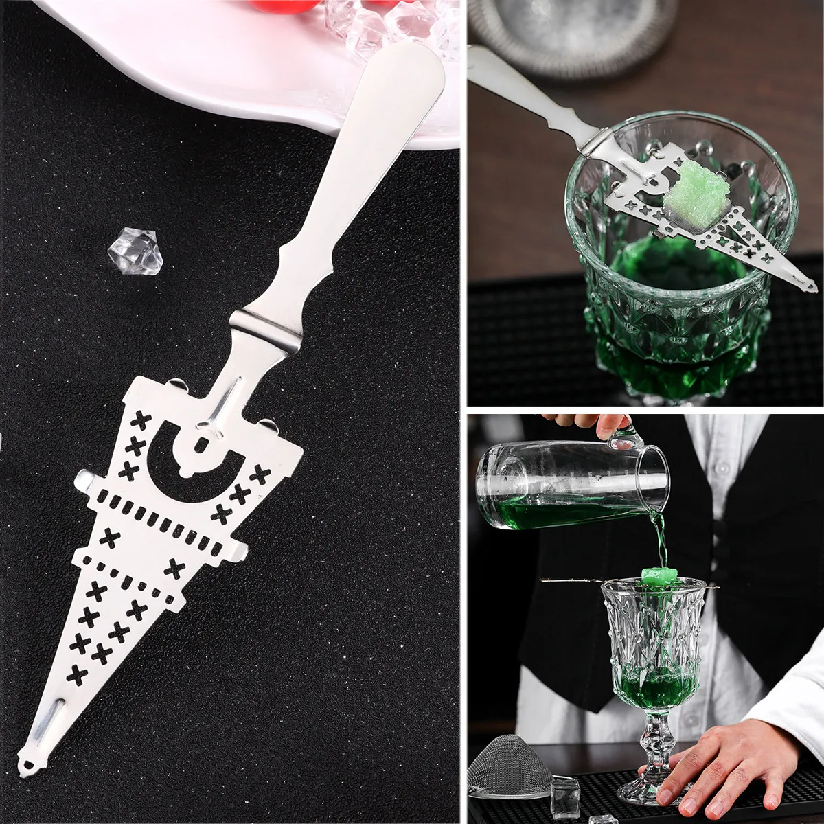 Stainless Steel Absinthe Filter Spoon with Long Handle, Rustproof Fine Mesh Strainer for Bar, Sugar, Ice, Cooking