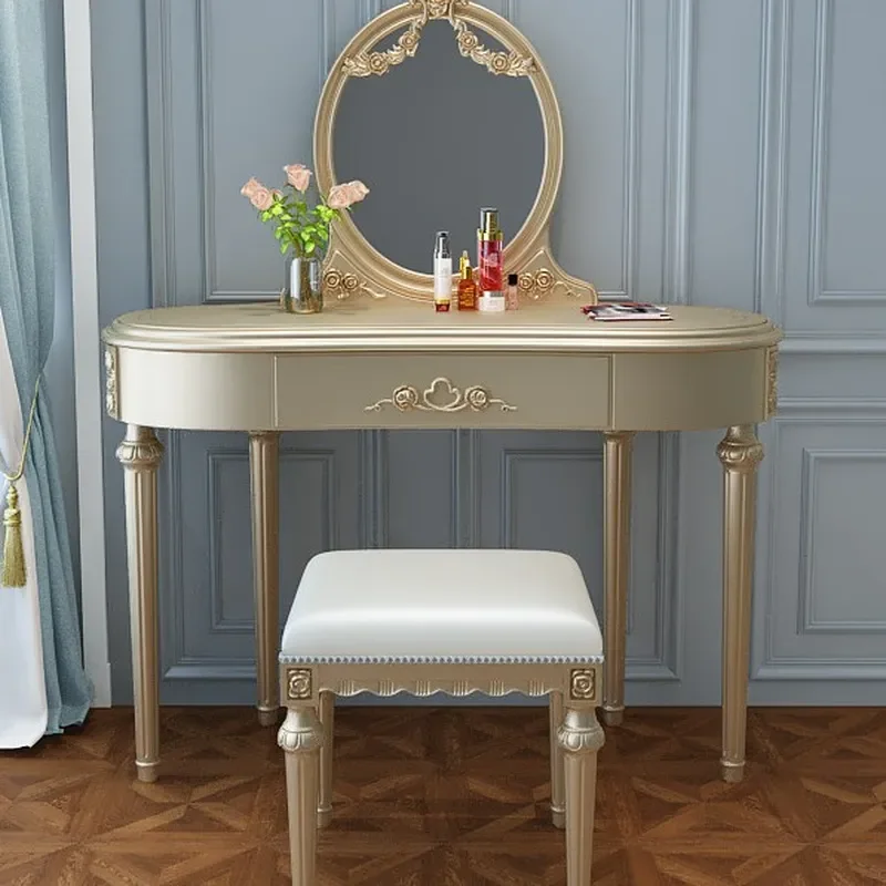 American Light Luxury Solid Wood Dressing Table with Gold Mirror and Matching Stool for Bedroom Makeup Vanity Set