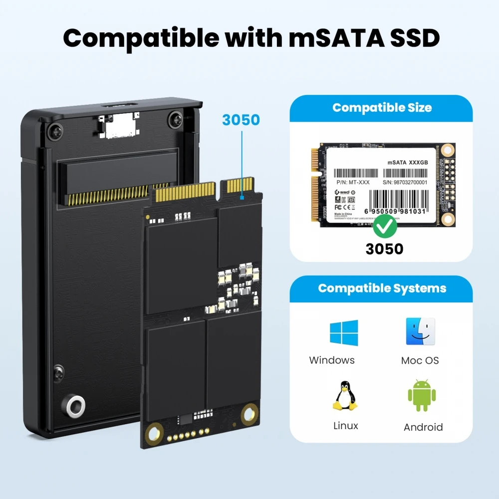 USB3.1 Type-C mSATA SSD Enclosure Mini External Hard Drive Box 6Gbps High Speed Transfer