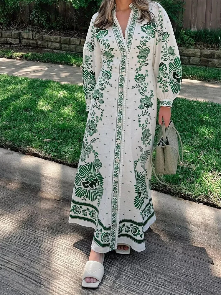 

European and American style women's clothing new style fashion positioning printing V-neck long sleeve loose casual dress