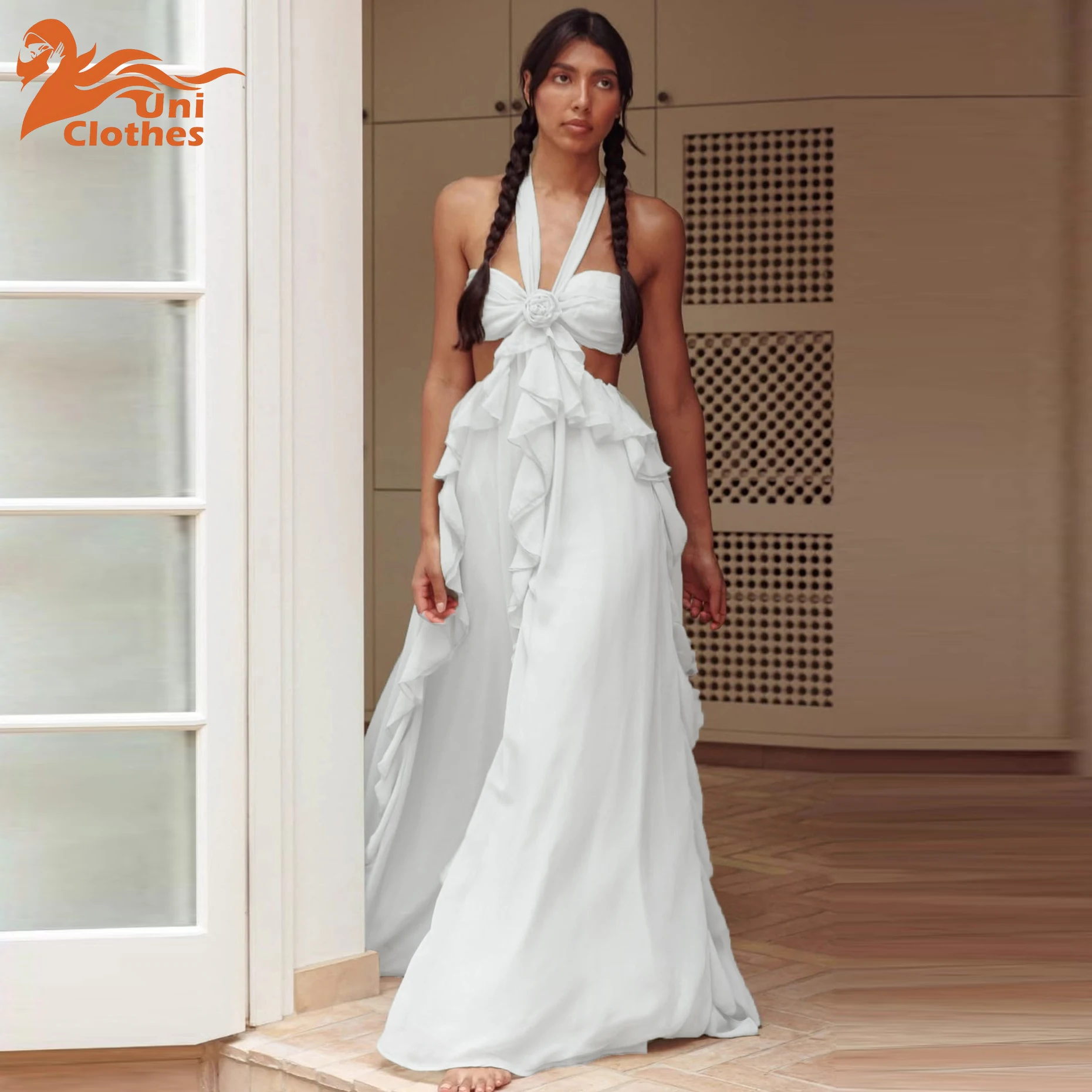 UNI Luxus-Damen-Ballkleid mit Ausschnitt, ärmellos, zum Binden hinten, einfarbig, Rüschen, langes Kleid, Sommer-Partykleid