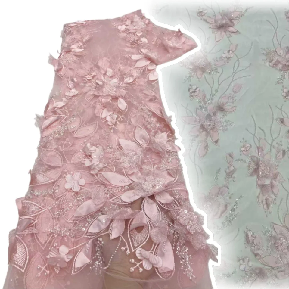 

White 3D Beads Lace Fabric 2025 High Quality Mesh Embroidery Applique 3D Flower Tulle Nigerian Lace Fabrics for Bridal SZ1242