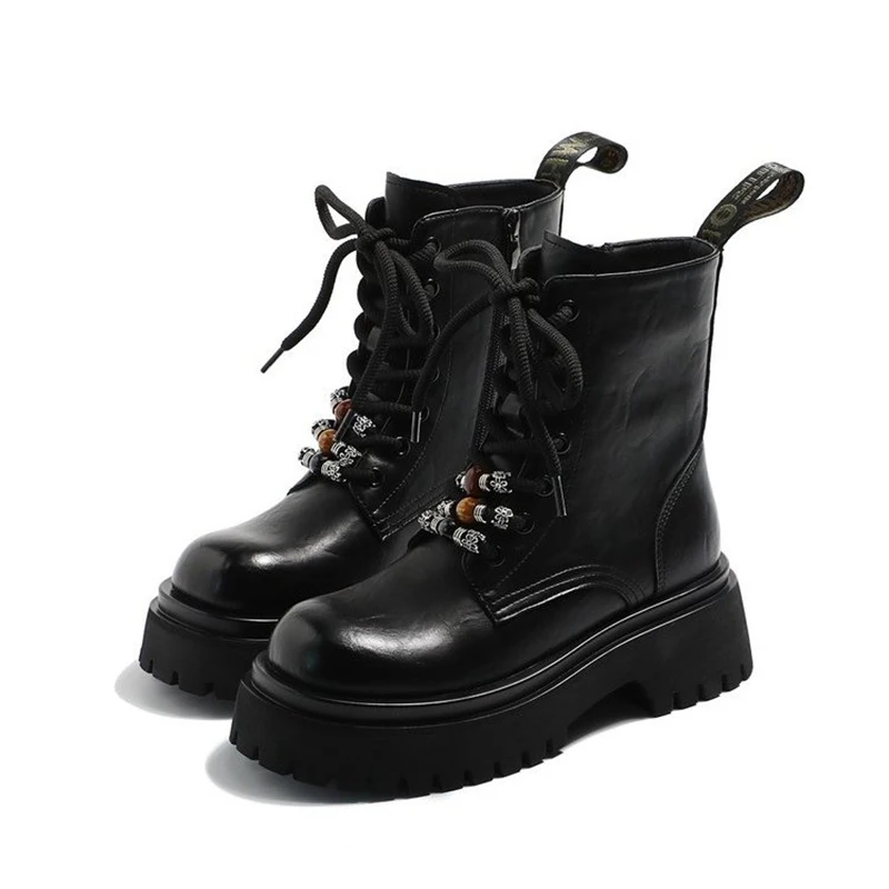 Kralen Flats Platform Vrouwen Enkellaarsjes Lace Up Lederen Schoenen Winter Merk Korte Laarzen Trend Sport Sneaker Chelsea Laarzen Mujer
