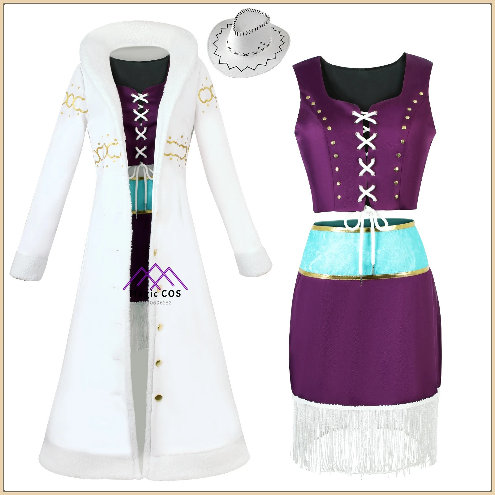 

Hot Anime One Piece Nico Robin Cosplay Outfit Warm FurCollar Coat Soft Purple Dress Accessories High Quality Anime Outfit Female