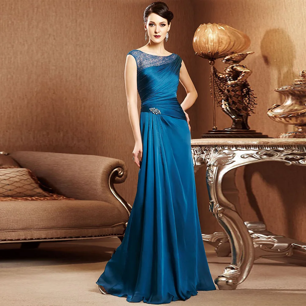 Vestido azul turquesa para madre de la novia, vestidos de invitados de boda, cuello redondo, manga casquillo, cuentas, plisado, vestido de fiesta de noche de sirena