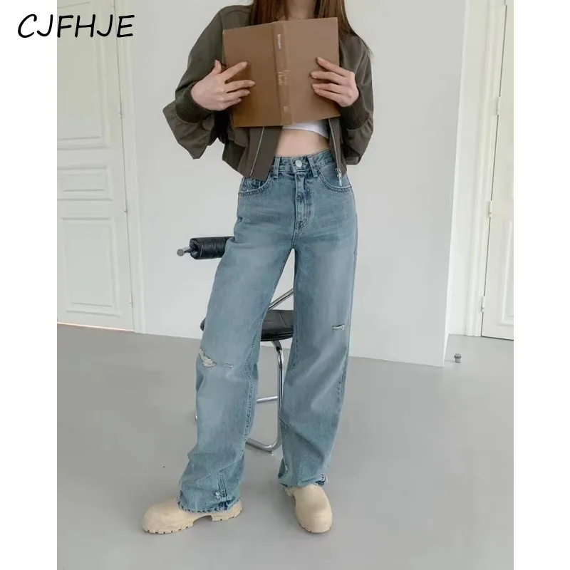 

CJFHJE New Baggy Jeans Women Classic Korean Fashion Women's Retro Blue Wide Leg Straight Full Length Denim Pants Streetwear