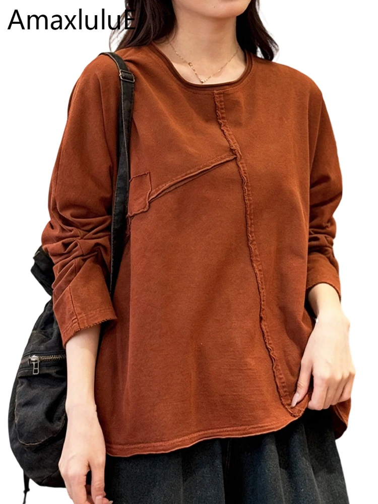 

Amax LuluE 2026 Весенняя винтажная одежда: женские модные свободные хлопковые футболки, классические повседневные топы с круглым вырезом, лонгсливы