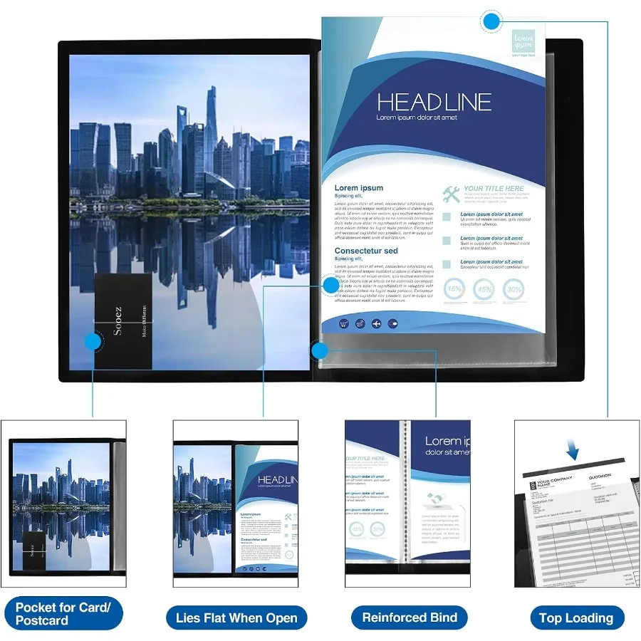 30 مجلد جيب بأكمام بلاستيكية 9 × 12 مجلد محفظة فني أسود شديد التحمل مع واقيات شفافة عرض 60 صفحة Pr #5