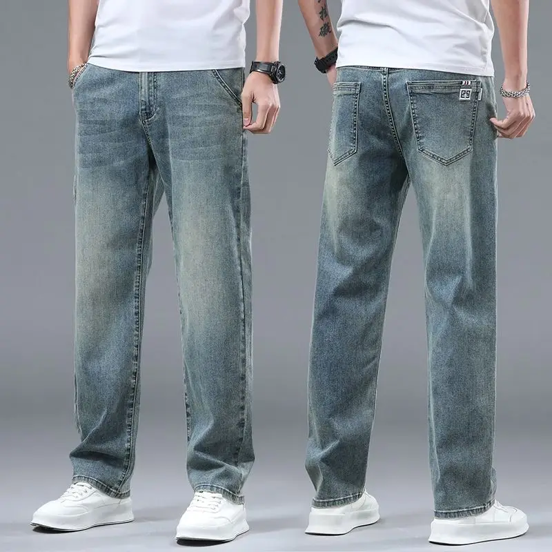 

Эластичные повседневные мужские джинсы со средней посадкой, из хлопкового стрейч-денима, свободные, прямые, длинные брюки для осенне-зимнего образа, повседневная одежда