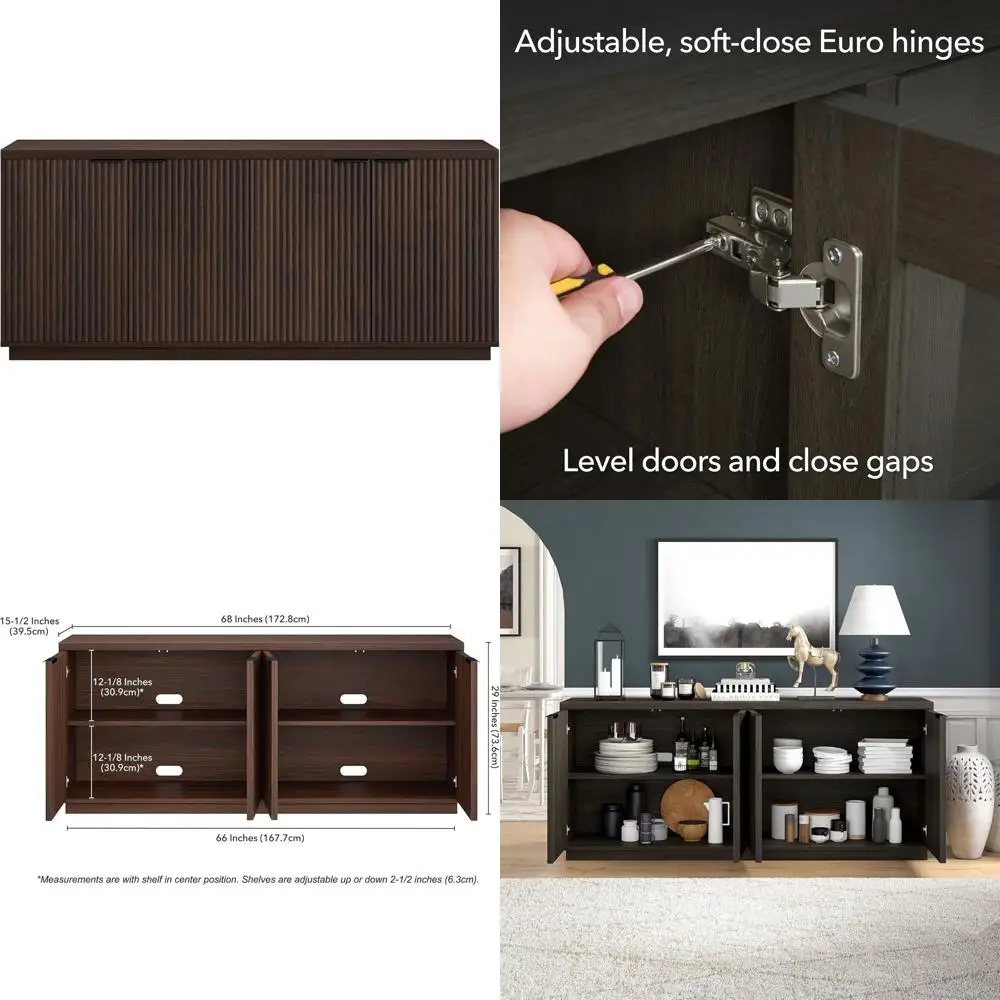 

68" luted Sideboard Buet Cabinet, Ribbed Wooden Crza with 4 Do, Adjustable Shelves, and Cable Management Cut-Outs or Dining Room