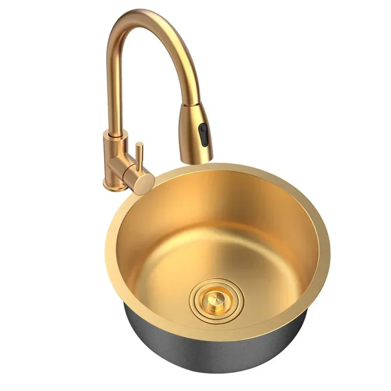 Golden Nano Round Kitchen Sink Handmade Small Single Slot Simple 304 Stainless Steel Balcony Bar Wash Basin Under-counter Basin