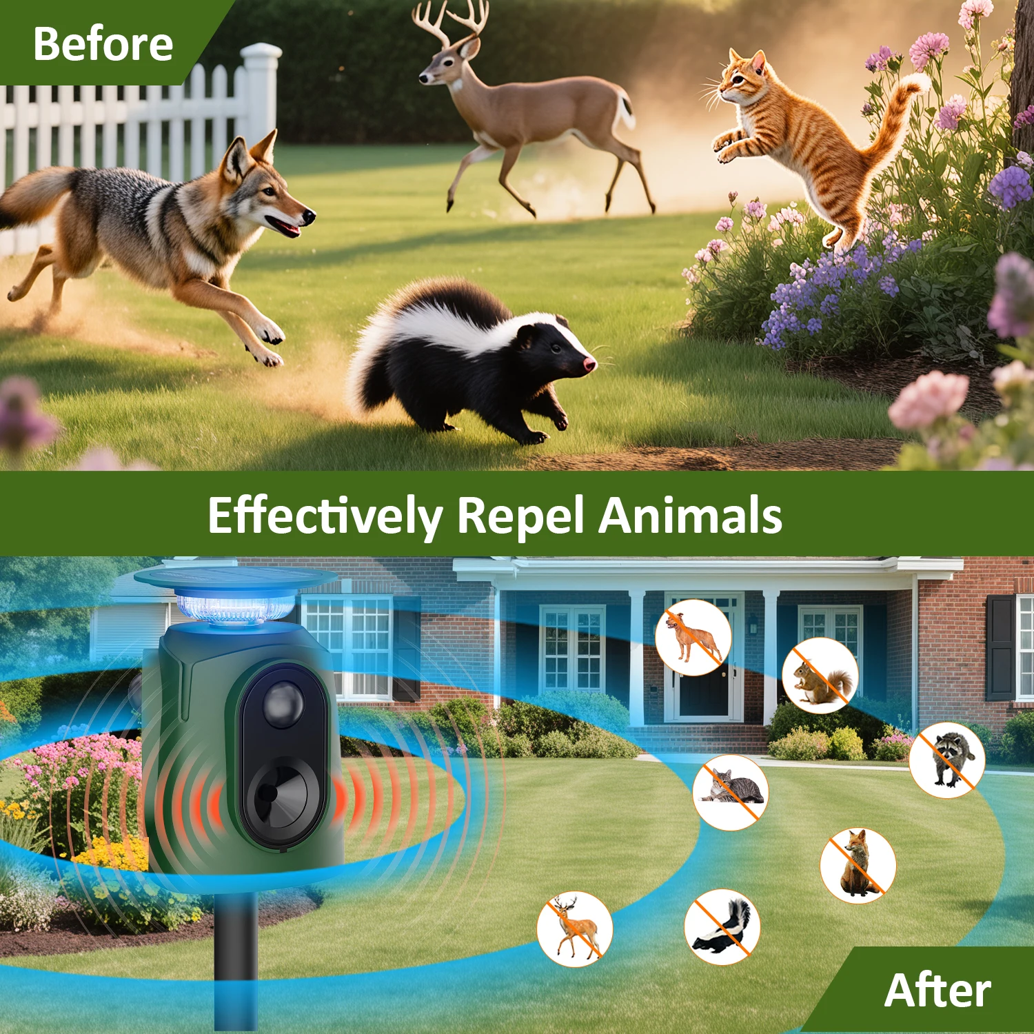 

2026 Adjustable 5 Mode Solar & USB Powered Squirrel Raccoon Fox Deer Animal Repeller with PIR Sensor for Garden Backyard Farm