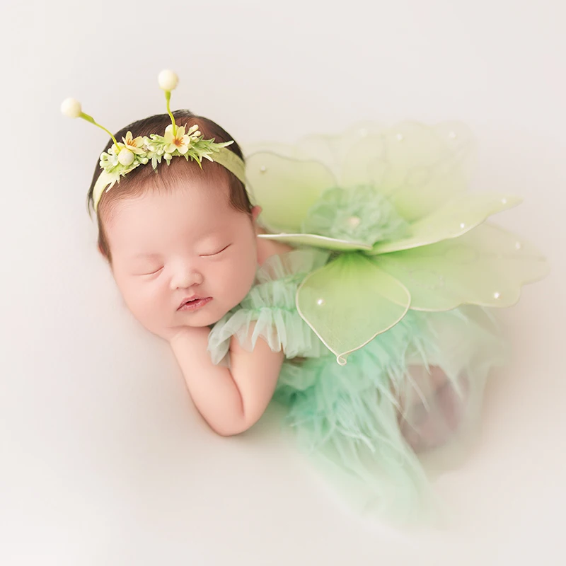 Robe de Photographie pour Nouveau-Né Fille, Jupe en Gaze à Fleurs, Ensemble de Coiffure, Aile de Papillon, Accessoires de Séance Photo en Studio