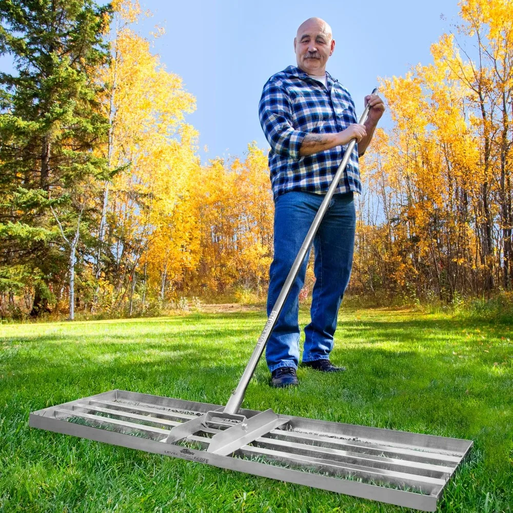 أداة تسوية العشب شديدة التحمل من الفولاذ المقاوم للصدأ 304 - أقصى قوة 76 بوصة عمود طويل جدًا - مشط تسوية الفناء لصياغة المروج الخالية من العيوب