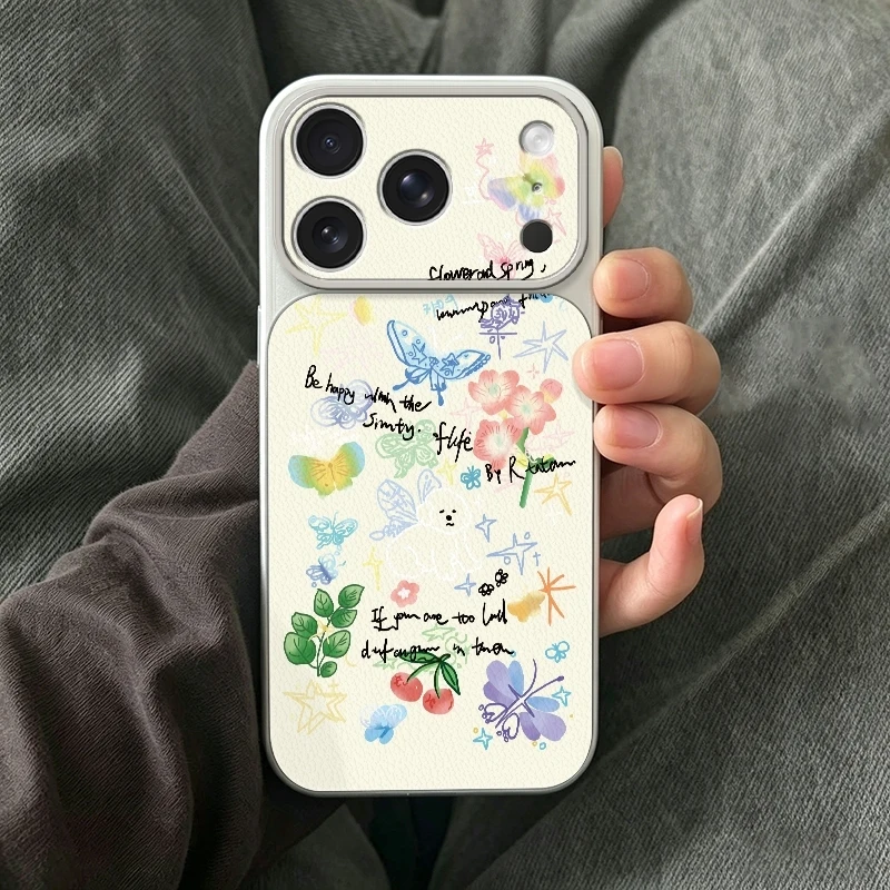 Crayon Doodle Butterfly Floral Phone Cover Case for iPhone 17 16 15 14 13 12 11 Pro Max Xs TPU+Artificial Leather Texture