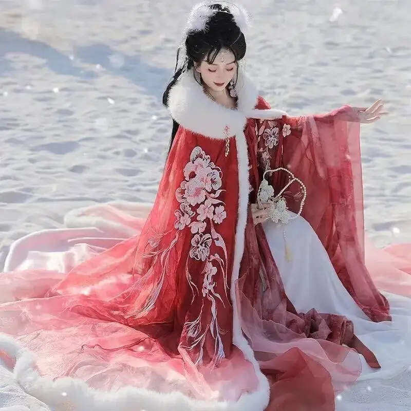 

Winter Warm Red& Pink Hanfu Dress Cloak Women Ancient Chinese Gradient Embroidery Tang Suits Hanfu For Women New Year Costume