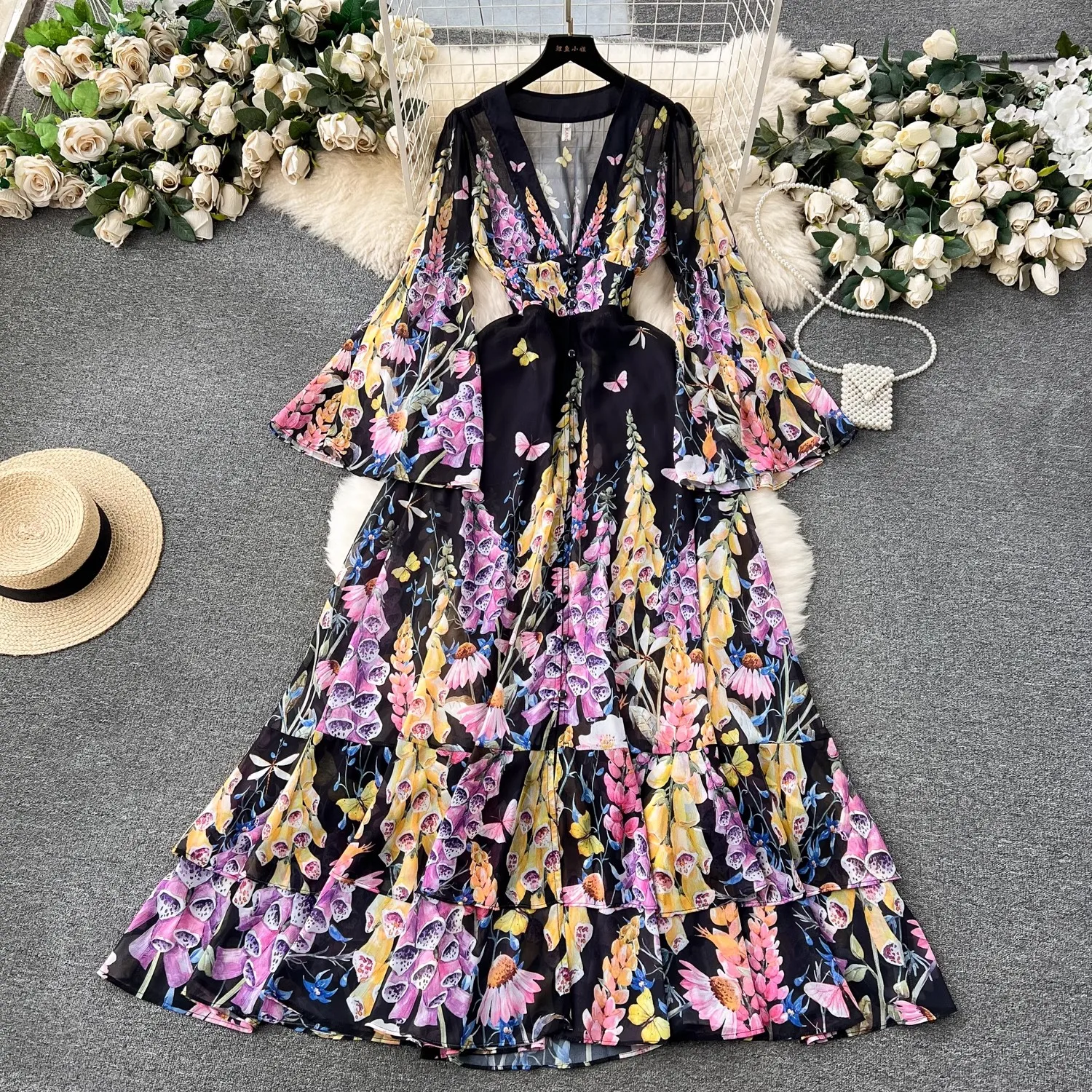 Zomervakantie Prachtige Bloem Chiffon Ruches Cake Jurk Dames V-Hals Flare Mouw Bloemenprint Boho Robe Lange Vestido 6230