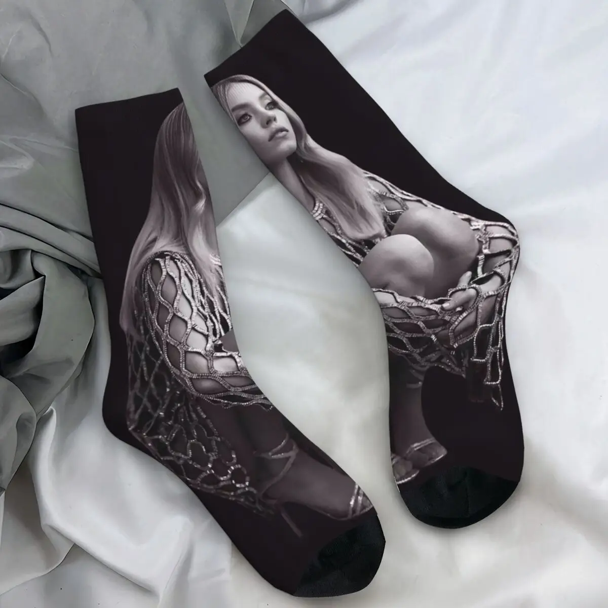 

Мужские носки Sydney Sweeney, чулки для американской актрисы, осенние элегантные носки высокого качества, нескользящие велосипедные носки на заказ