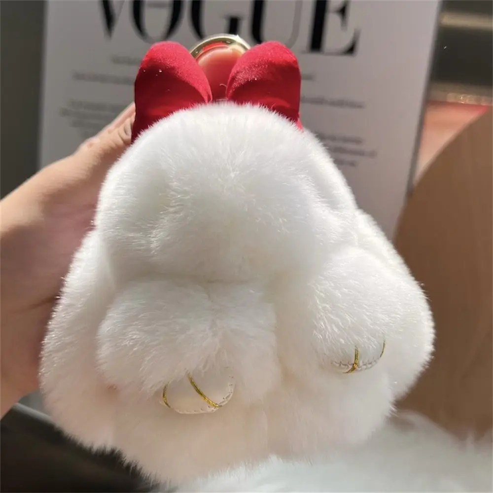 Hair Bow Rabbit Fur Keychain Cute Fluffy Plush Dolls Bunny Keychain Bag Charm Alloy Ring Plush Rabbit Key Ring Car Key Chain