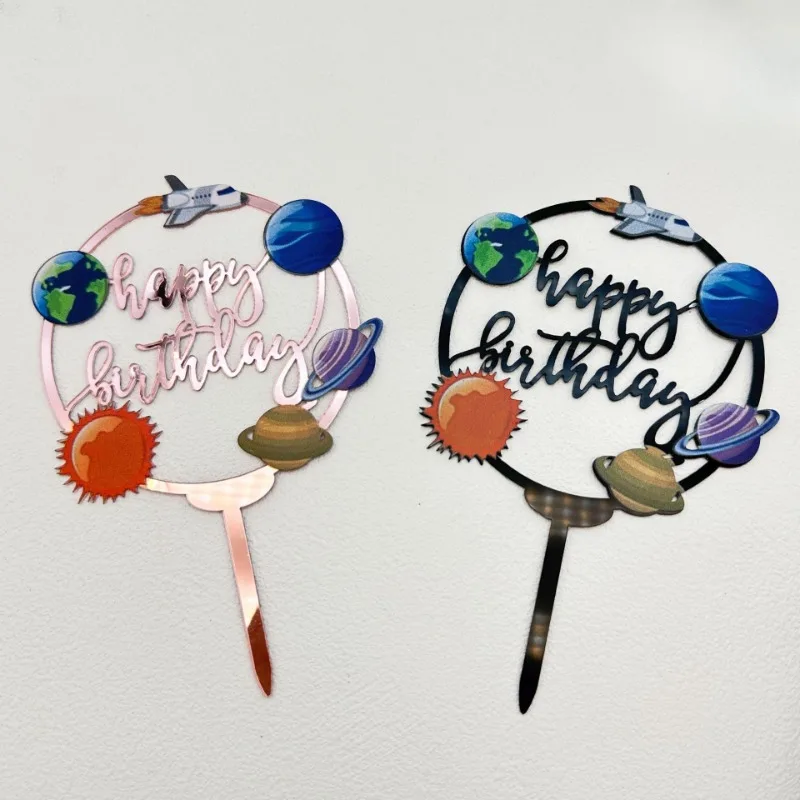 New Space Planet Happy Birthday Cake Topper Gold Silver High-grade Acrylic Kids Party Cake Topper Baby Shower Dessert Decoration