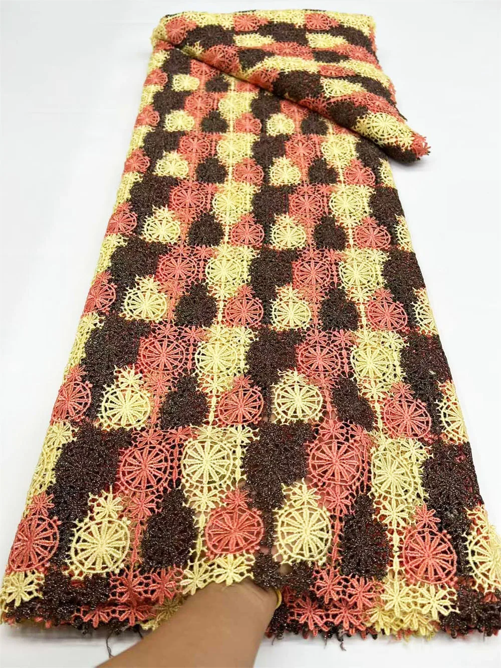 

High Quality Laday's Lace With Korea Made Heavy Luxury Colorful African Guipure Cord Fabric Ceremonial Robe Formal Dress CO1191