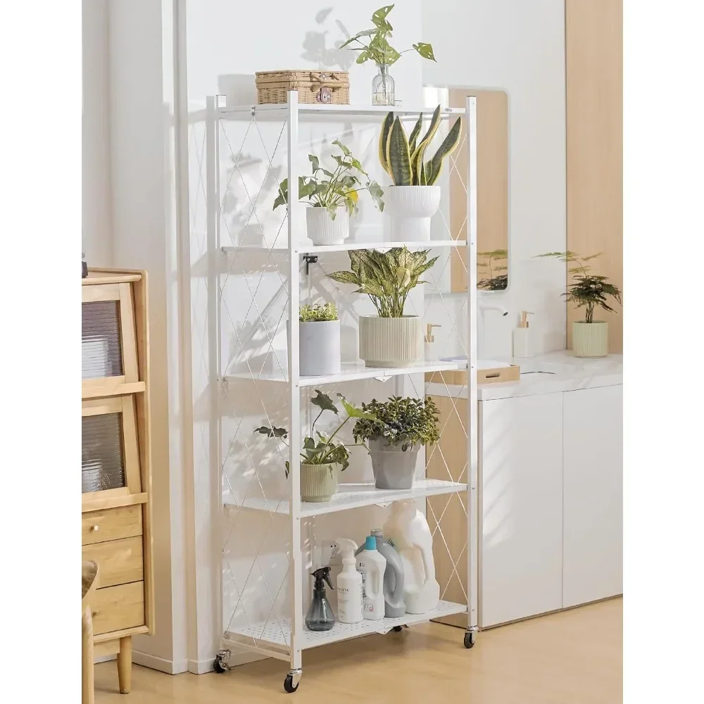 Metal Storage Shelves, 5 Tier Folding Storage Shelves on Wheels, Heavy Duty Collapsible Shelving Unit, No Assembly Storage Rack