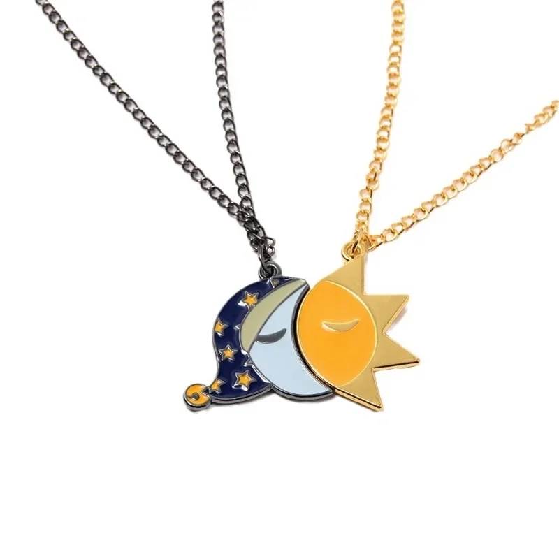 A Pair Couple Sun Moon Cartoon Couple Sun Moon Cartoon Expression Splicing Necklace Couple Pendant Valentine's Day Gift