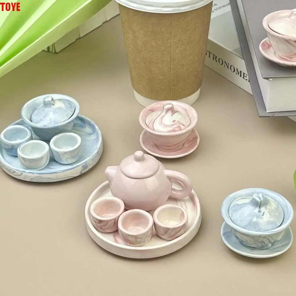 Simulation Mini Tea Cup Set Pretend Play Play House Dollhouse Teapot Home Ornament Desk Figurine Doll Kitchen Trinket Kids Toys