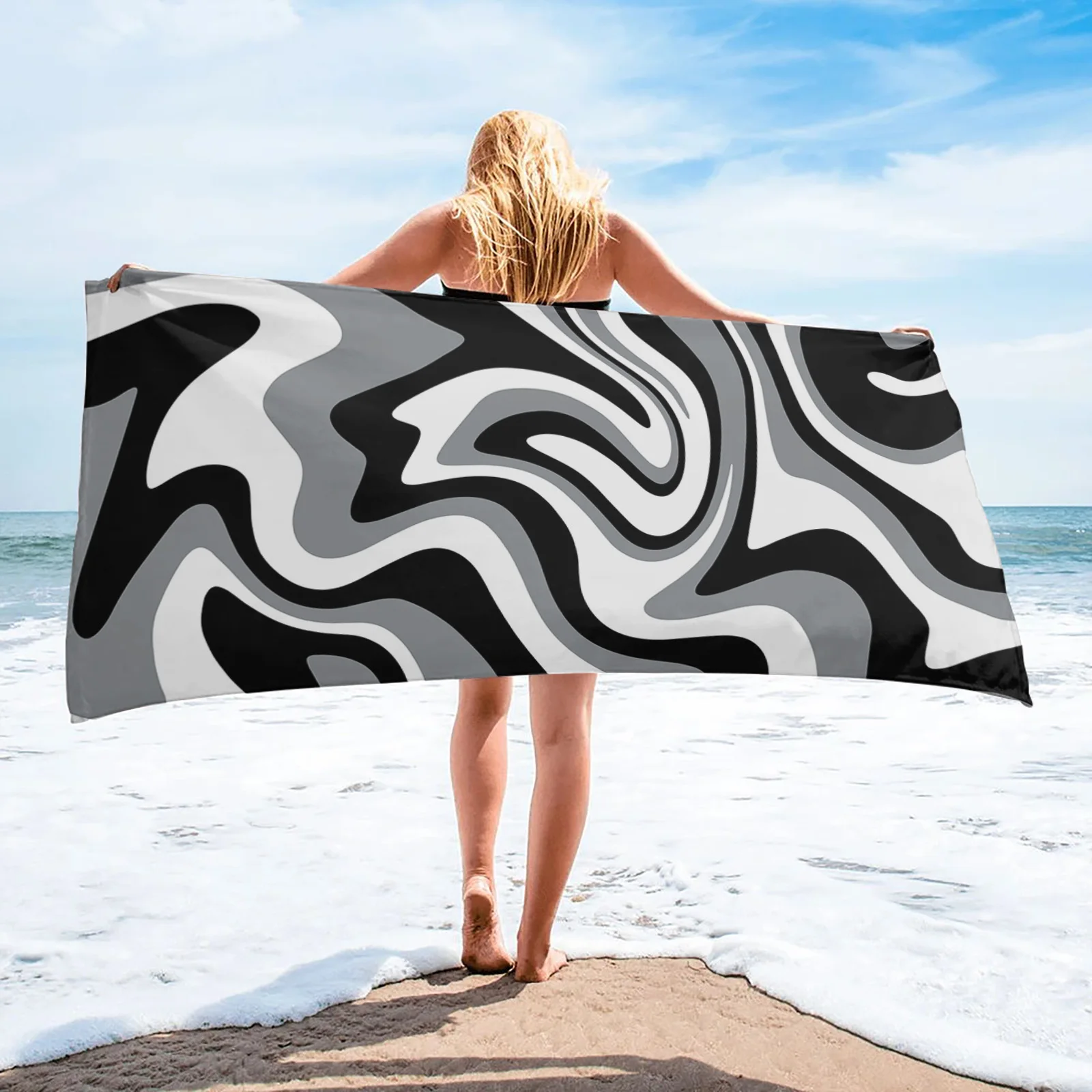 Black Fluid Art Abstract Texture Quick Dry Microfiber Bath Towel Beach Blanket For Adults Kids Outdoor Picnic Blanket