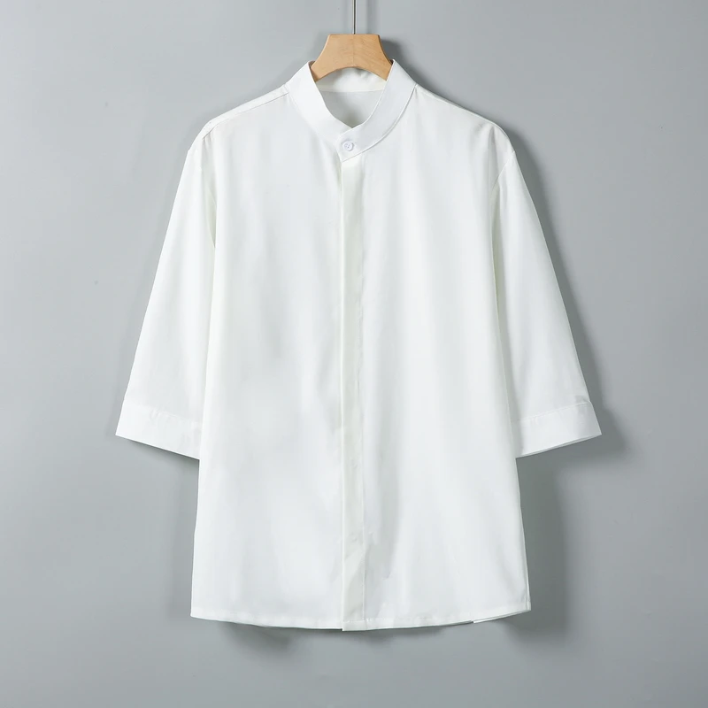 

2025 Новая мужская маленькая эластичная рубашка с коротким рукавом белого/черного/зеленого цвета, летняя мужская деловая рубашка с воротником-стойкой для отдыха