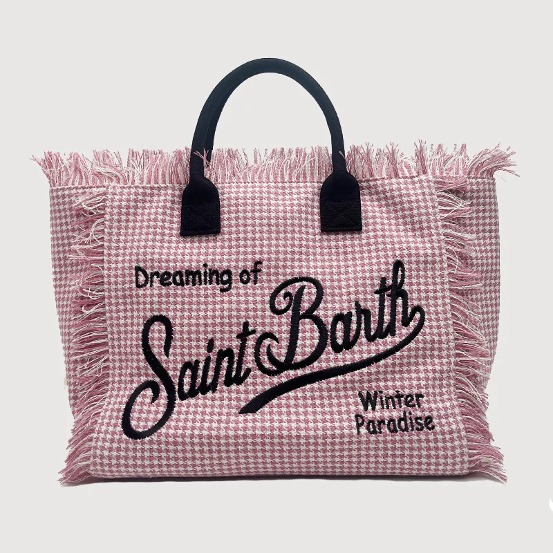 Saint Bart's new women's large capacity leisure travel pink checkered handmade tassel handbag computer bag