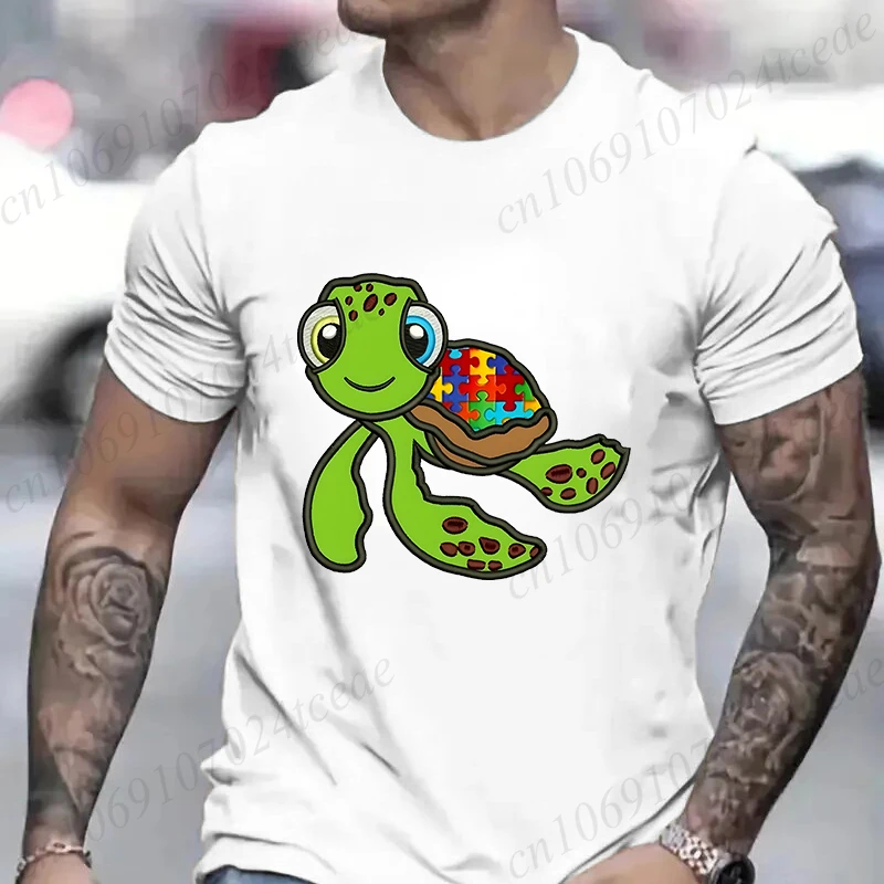 Cute Turtle Autism Awareness Men's  T-shirt Acceptance Neurodiversity Tops Summer Hip Hop Streetwear Oversized Male Clothing