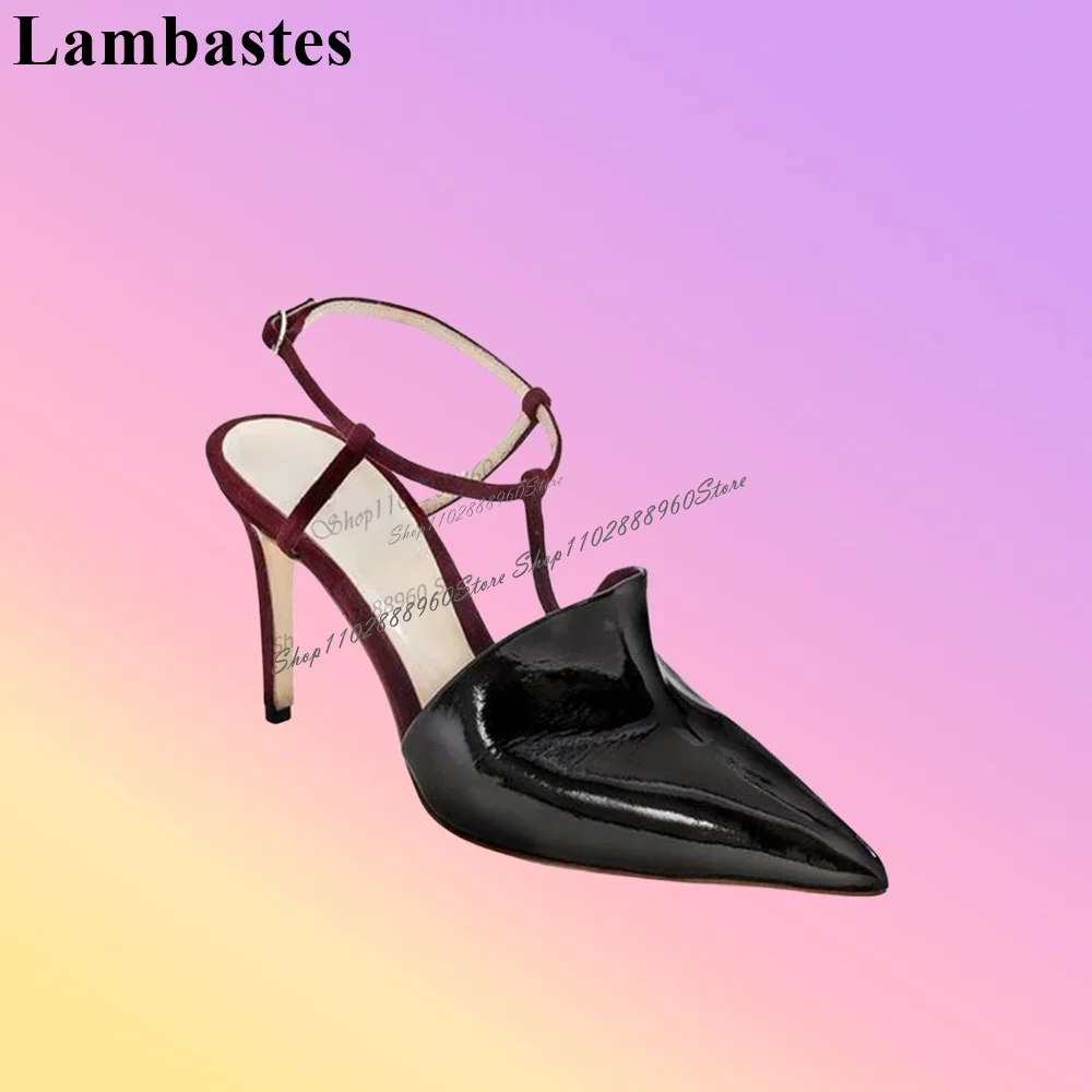 T-Strap Burgundy Leather Pleated Sandals Stilettos High Heel Women Shoes Ankle Buckle Strap 2023 Fashionable Zapatillas Mujer