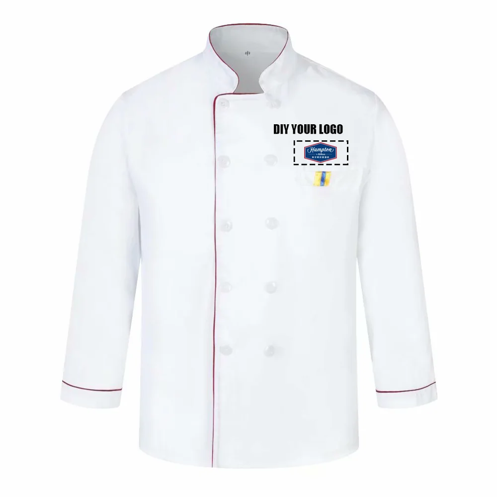 

Customize DIY LOGO Print Chef Uniform Kitchen Bakery Cafe Food Service Longth Sleeve Breathable Cook Wear Waiter Jacket Overalls