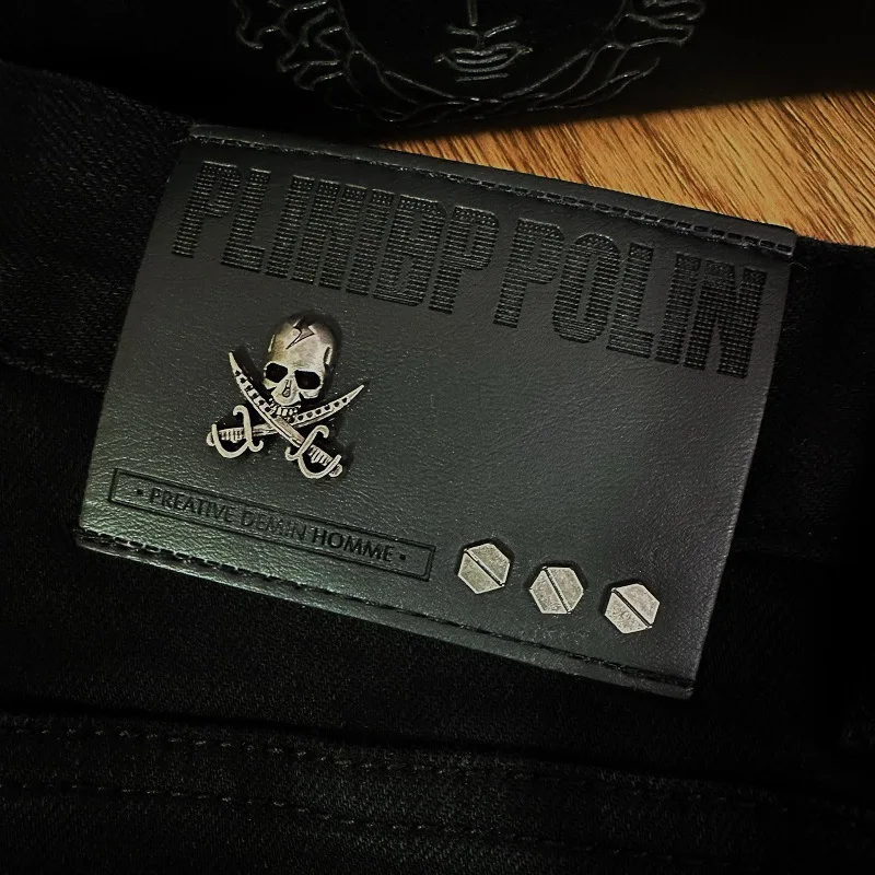 Black Ripped Denim Trousers Men's High-End Street Fashion Printing Design Slim Fit Feet 2024 New Men's Pants