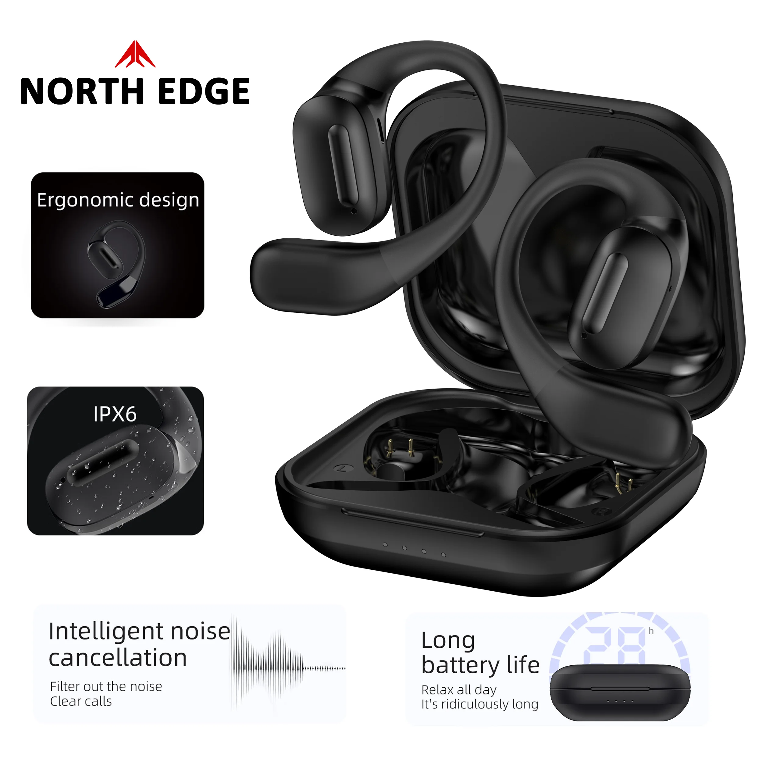 NORTH EDGE Open Ear Earbuds Active Noise Cancelling OWS Headphones Bluetooth Wireless Hanging headphones