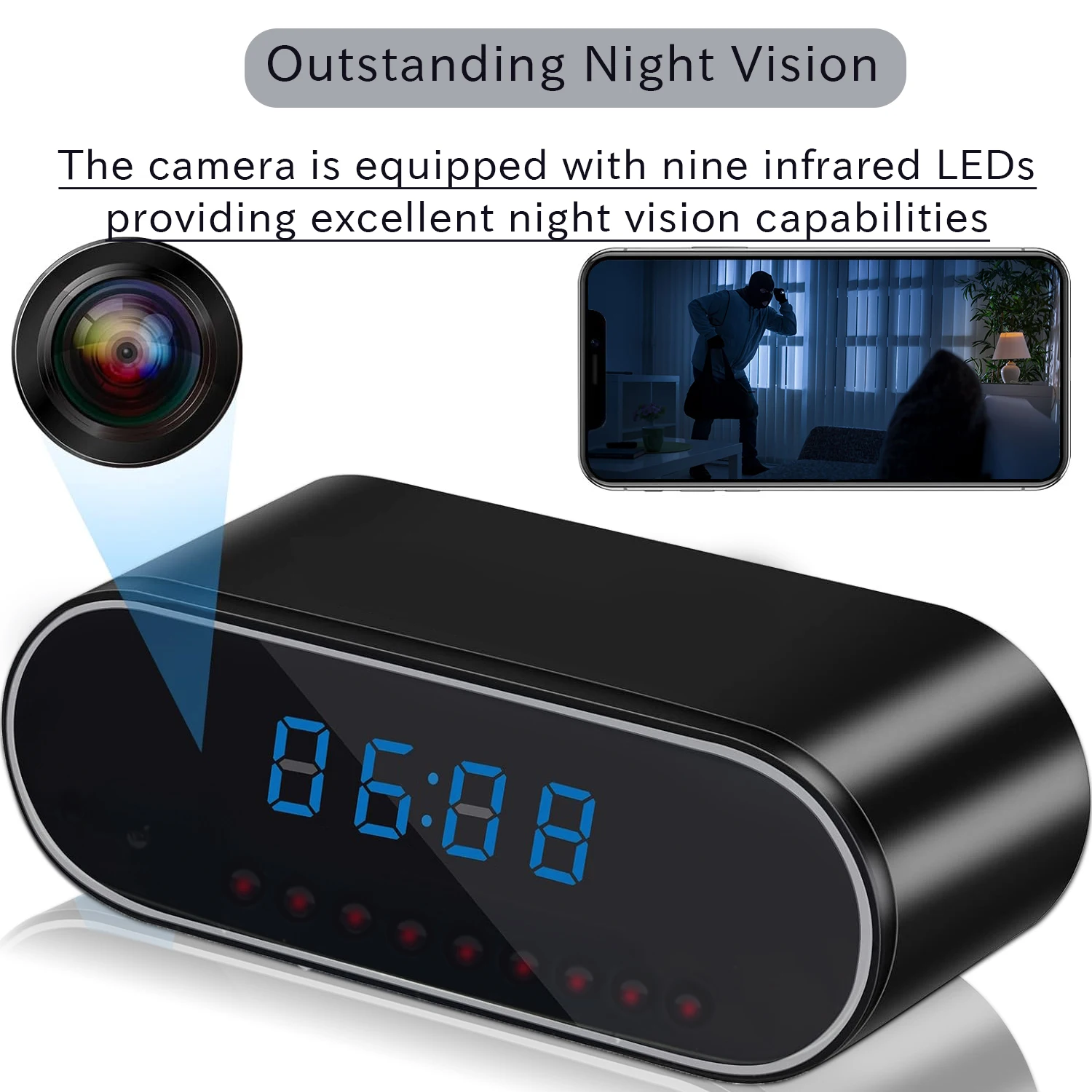 WiFi clock camera, wireless IP infrared night vision video camera, suitable for home and office nannies 1080P HD small cameras