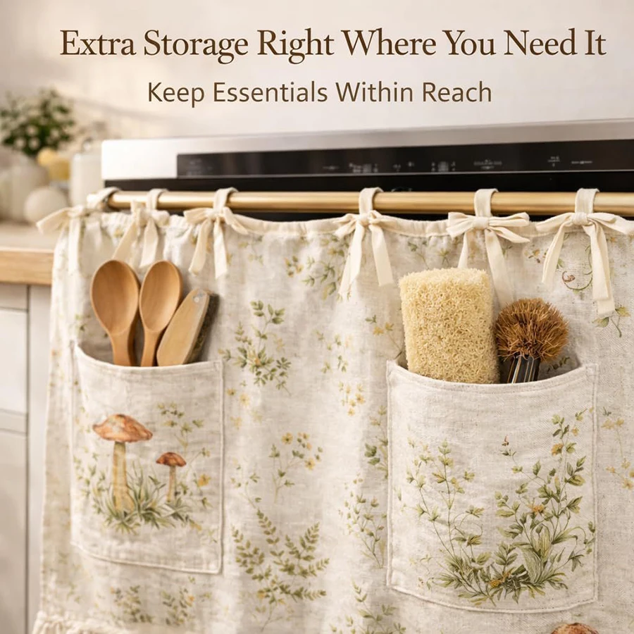 New Handmade Oven Skirt Ruffled Trim Ribbon Ties Stove Curtains Washable Modern Farmhouse Kitchen Oven Curtains Rustic Kitchen