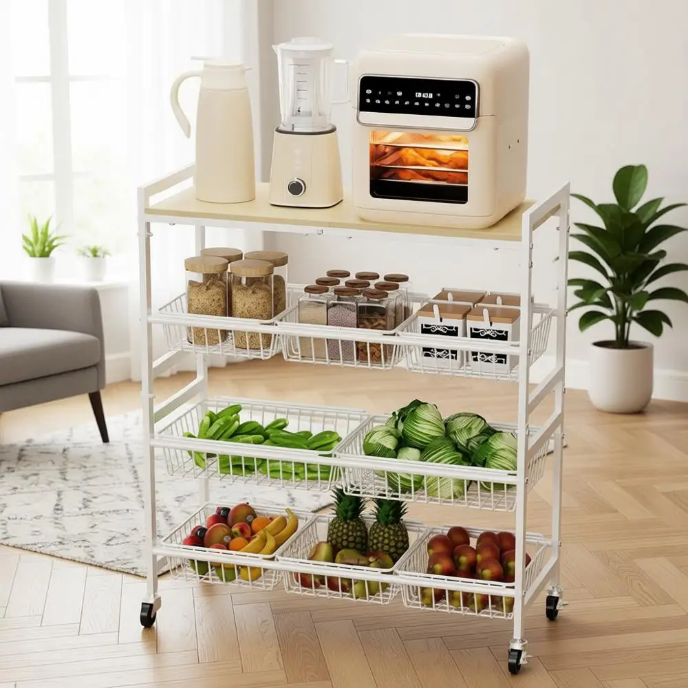 

4-Tier Wooden Top Kitchen Cart with 8 Baskets for Storage and Mobility