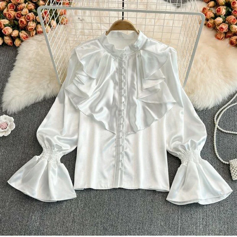 High Quality Satin Loose Shirt Long Flared Sleeves Ruffles O Neck Beading  Women Gentle Office Lady Casual Blouse