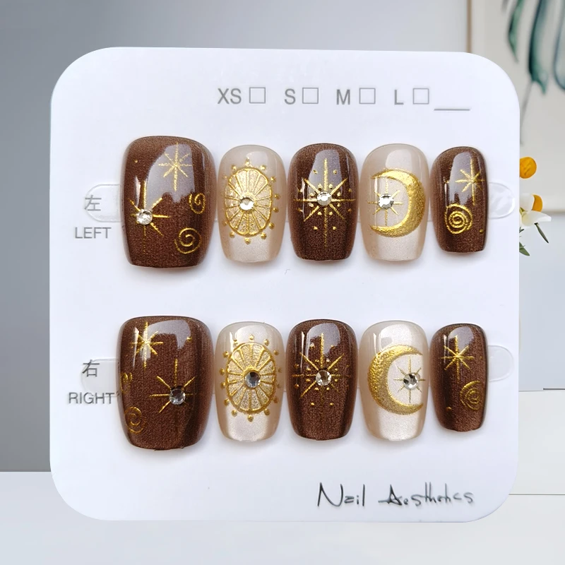 10Pcs Autumn and Winter Brown Series 3D Rhinestone Gilded Cat's Eye Nail Art Stickers Press On Nails Temperament Fake Nail