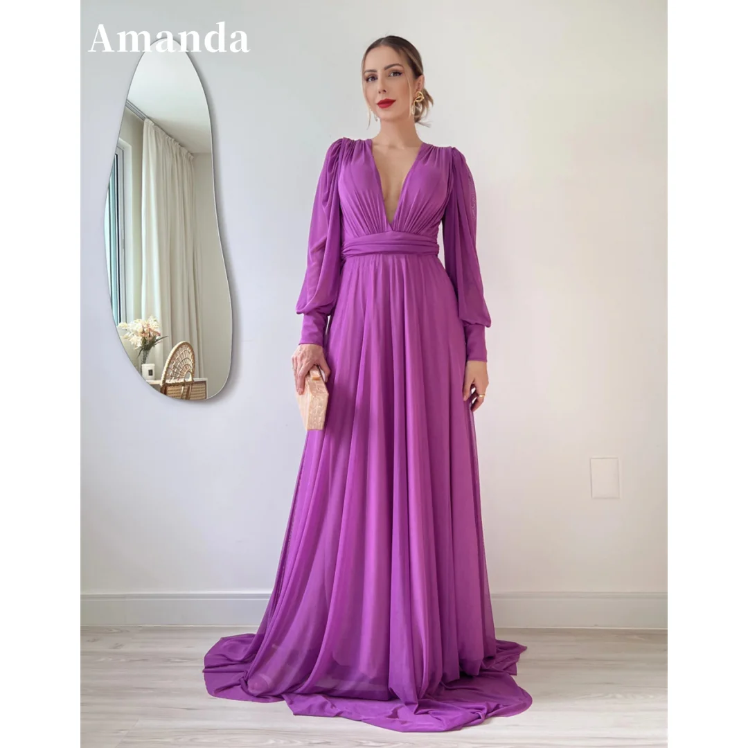 Amanda Comfy Chiffon Deep V-neck A-line Prom Dress Elegant Long Sleeve Purple Open Back Vestidos De Fiesta فساتين سهرة