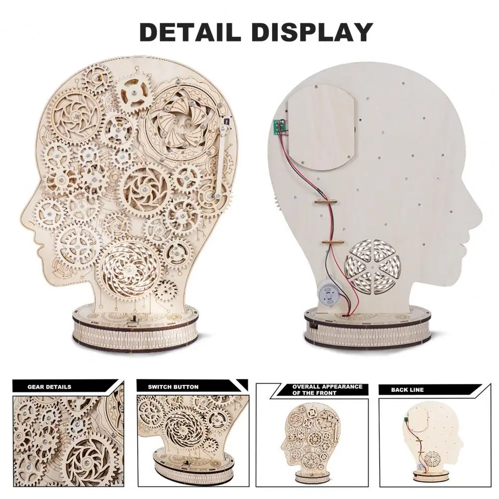 3D Wooden Puzzle With LED Light DIY Men Head Brainstorming Movable Gear Jigsaw Game Educational Toy Kids Teens Birthday Gift